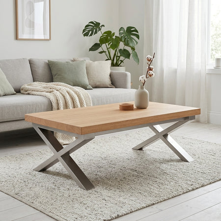 KB Fab CT-03 Sculptural Trestle Coffee Table – Natural Maple Top, 60 x 30 in