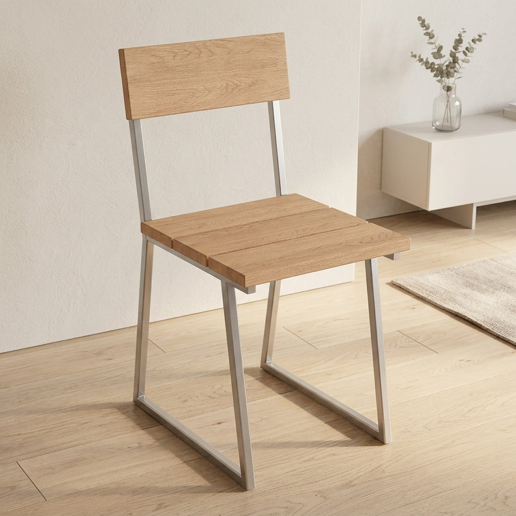 Stainless Sawhorse Dining Chair, White Oak Seat