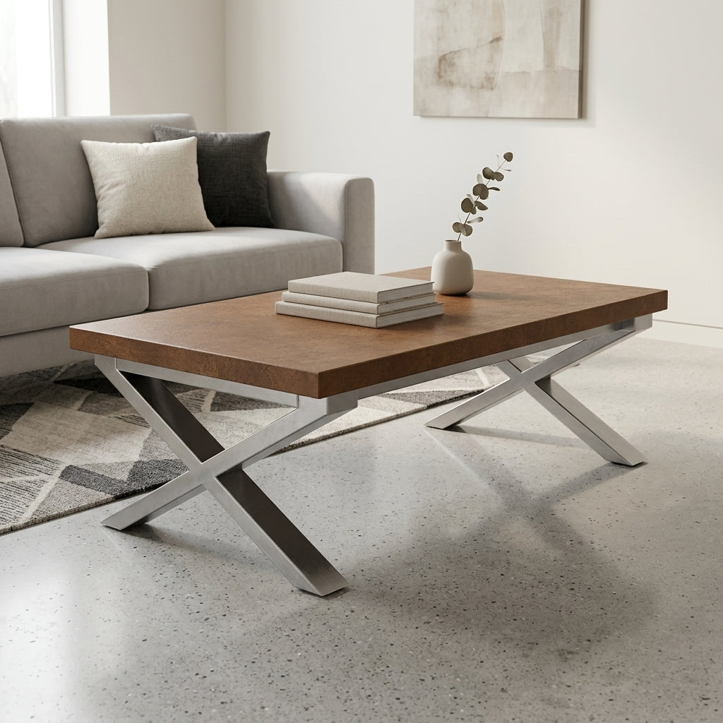 Aged Copper Top Coffee Table, Sculptural Base