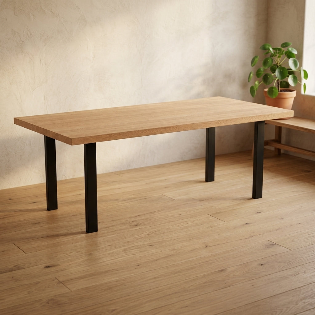 Linear Steel Base Dining Table, Solid Maple 96 in