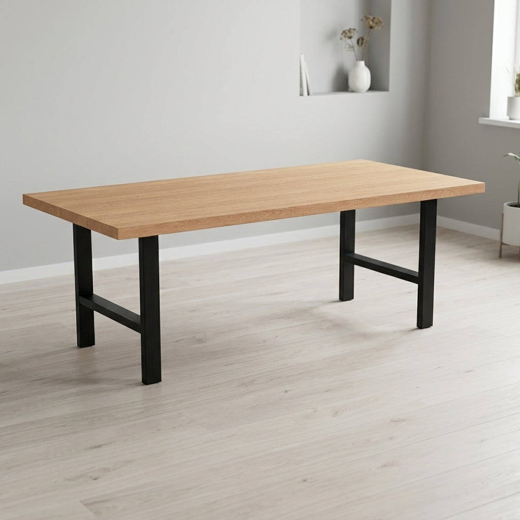 H-Frame Steel Base Dining Table, Natural Oak 72 in