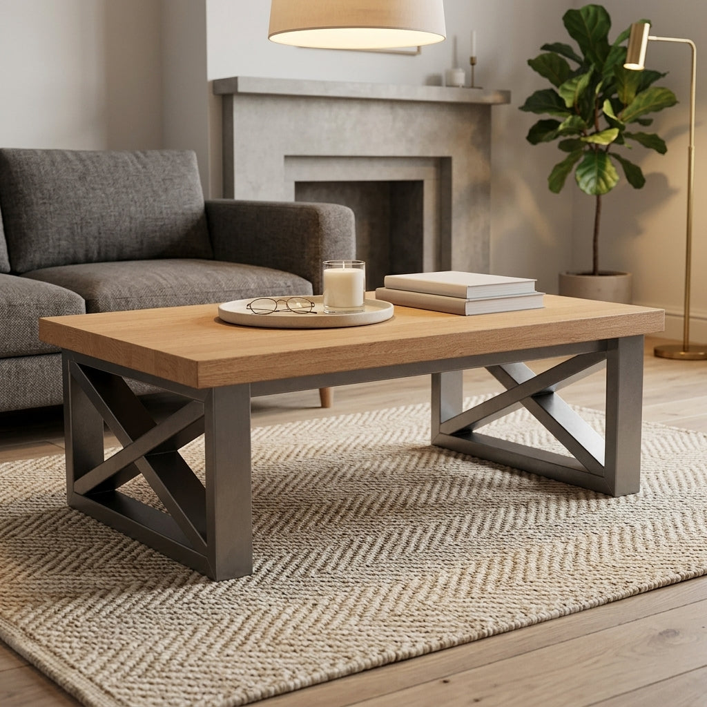 Teak Outdoor Coffee Table, Stainless Trestle Base